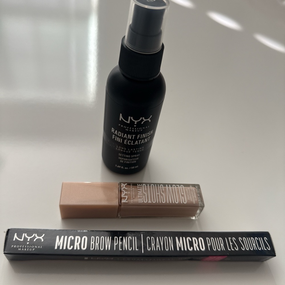 NYX Radiant Finish Setting Spray, Brow Pencil, and Eye shadow lot